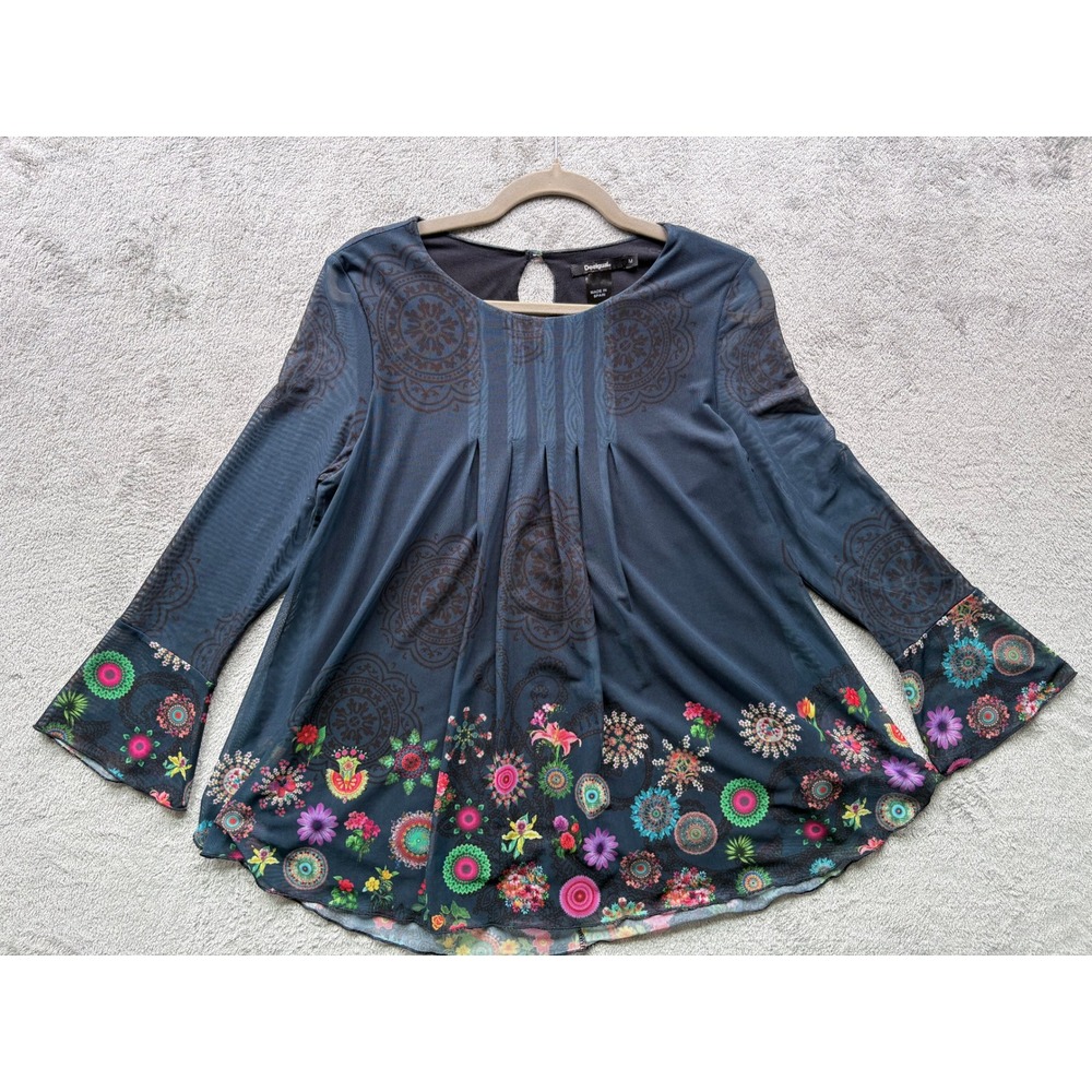 Desigual Sheer Mesh Blouse Top Medium Blue Stretchy Mandala Bell Sleeve Boho